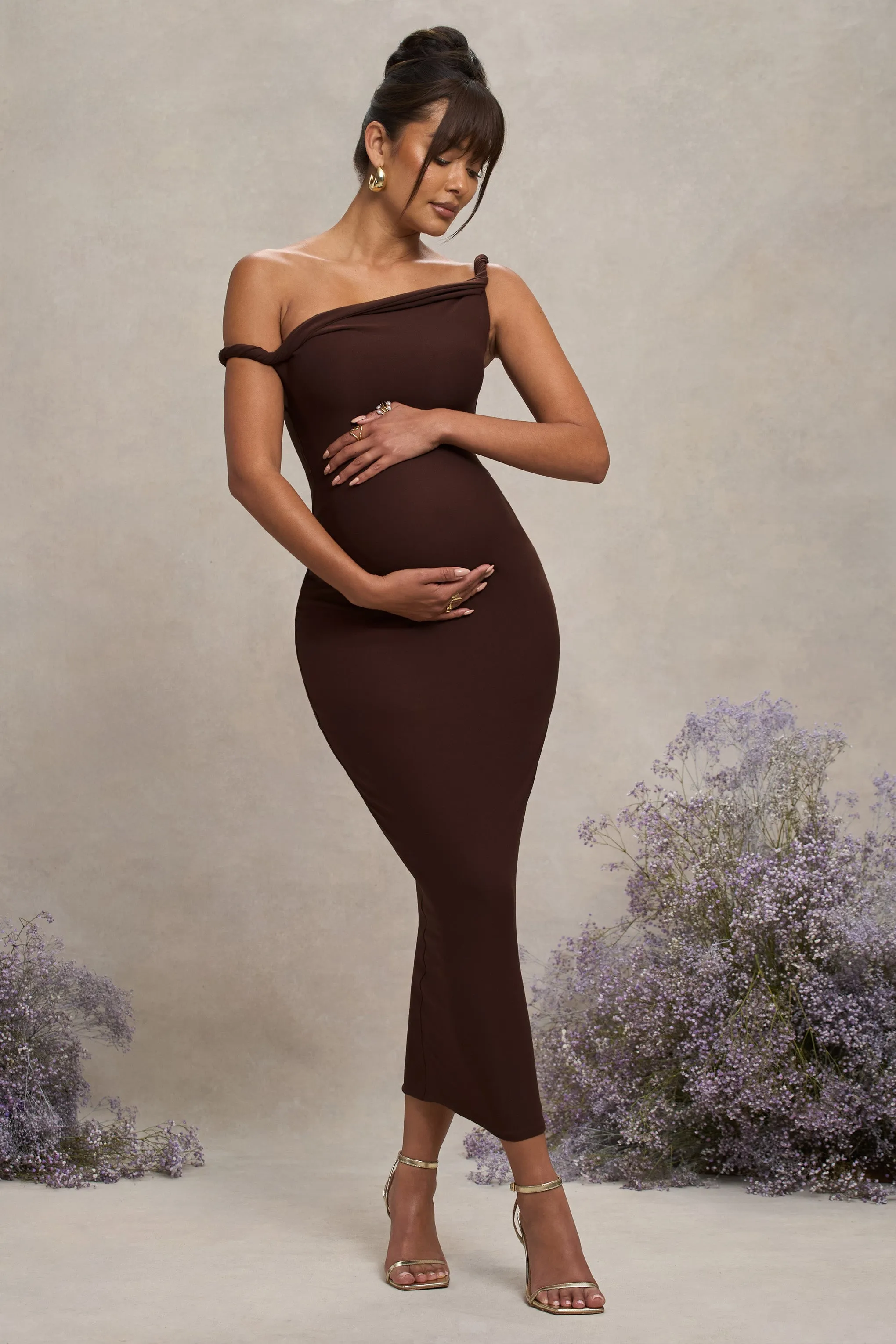 Salome | Chocolate Brown Twisted Asymmetric Maternity Midi Dress sold by Club L London
