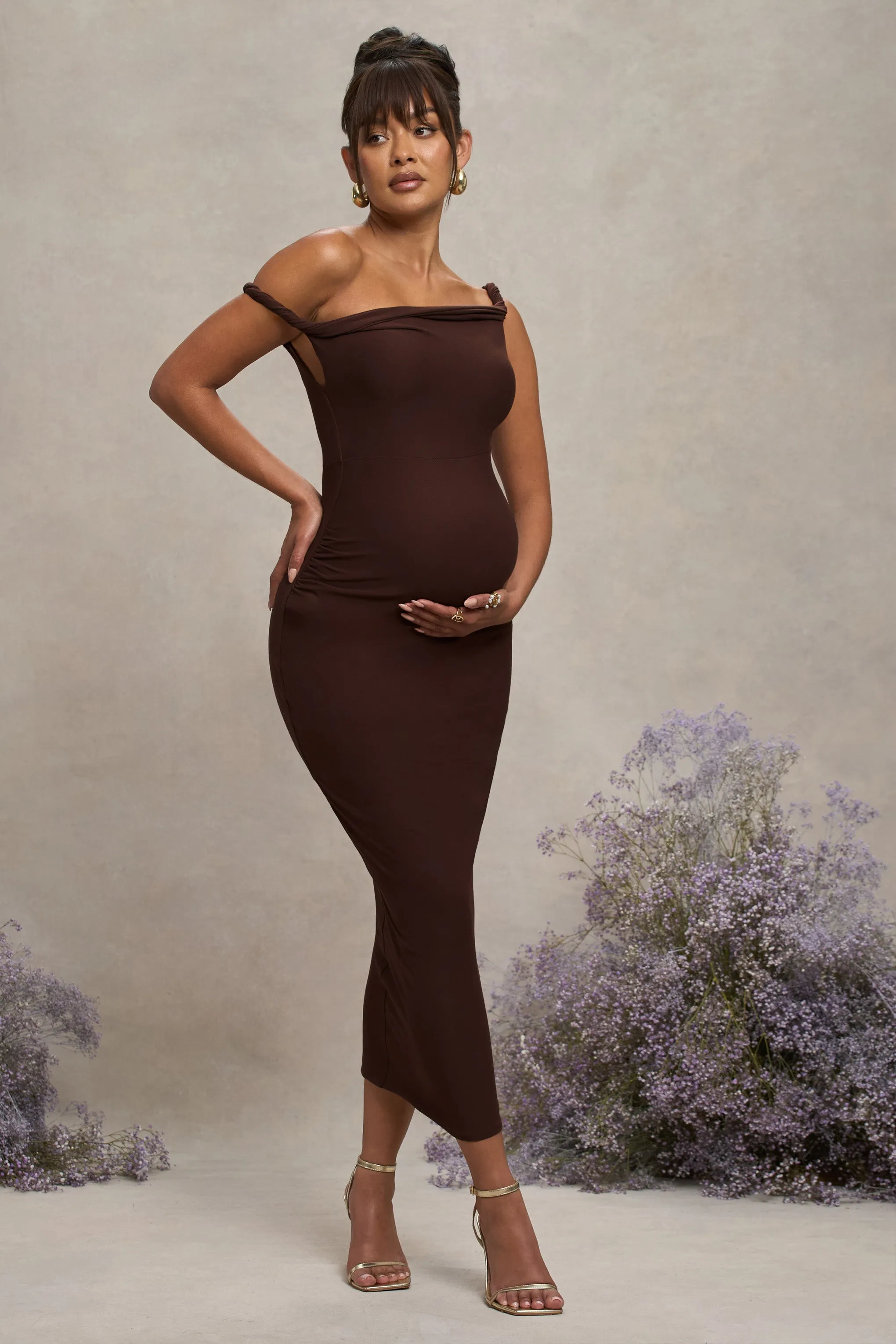 Salome | Chocolate Brown Twisted Asymmetric Maternity Midi Dress sold by Club L London product image thumbnail 5