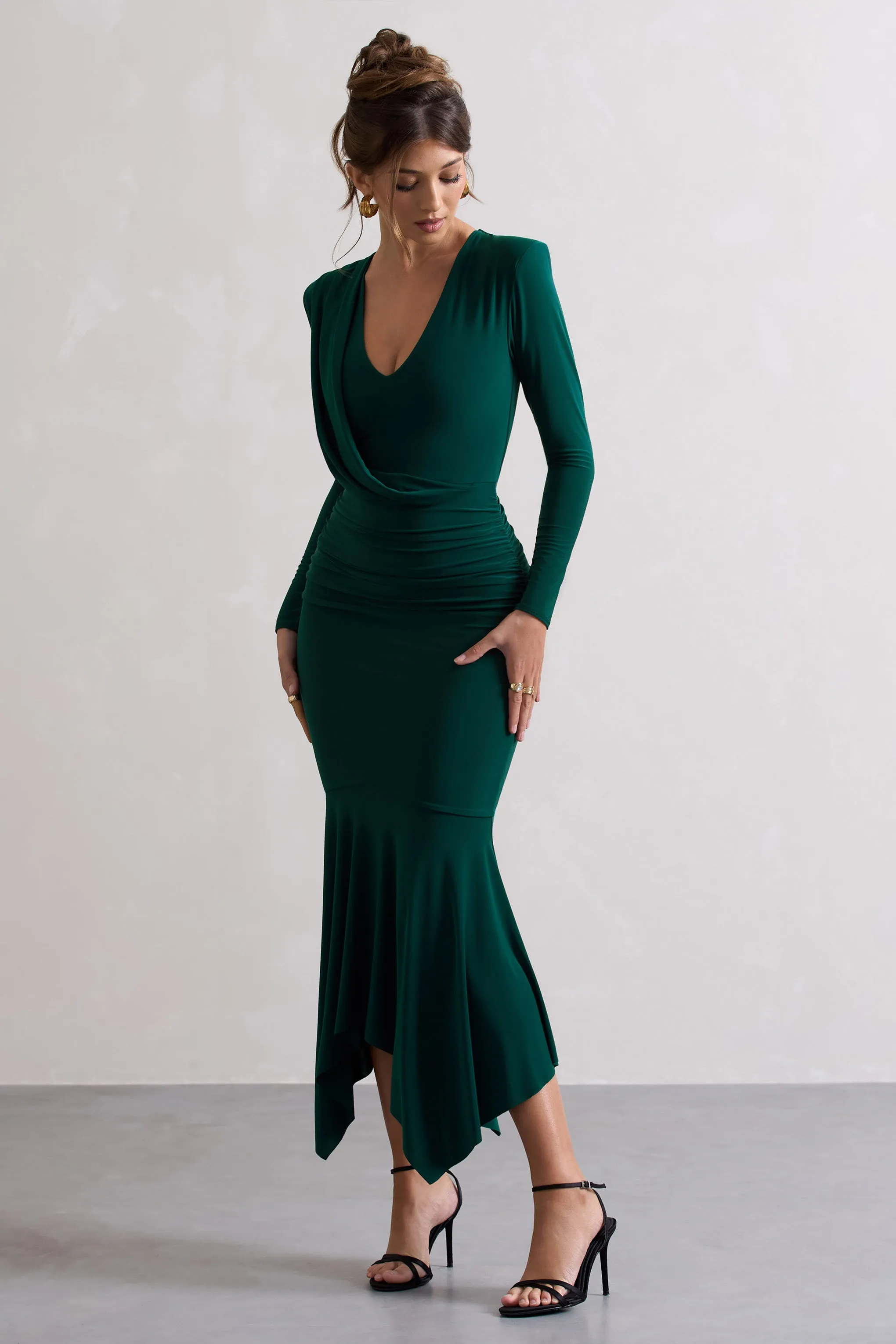 Milena | Bottle Green Plunge-Neck Maxi Dress With Draped Hem sold by Club L London product image thumbnail 5