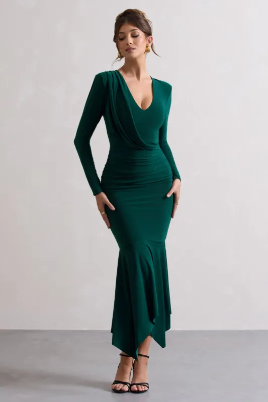 Milena | Bottle Green Plunge-Neck Maxi Dress With Draped Hem sold by Club L London