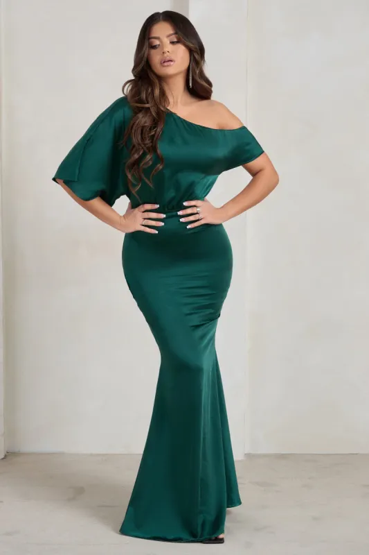 Sabrina | Bottle Green Asymmetric Off The Shoulder Satin Maxi Dress sold by Club L London