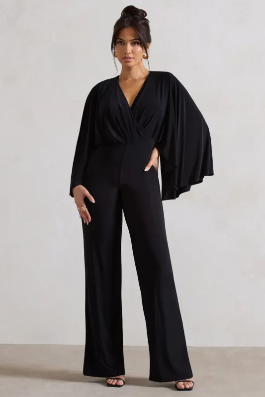Nori | Black Plunge-Neck Straight-Leg Cape Jumpsuit sold by Club L London
