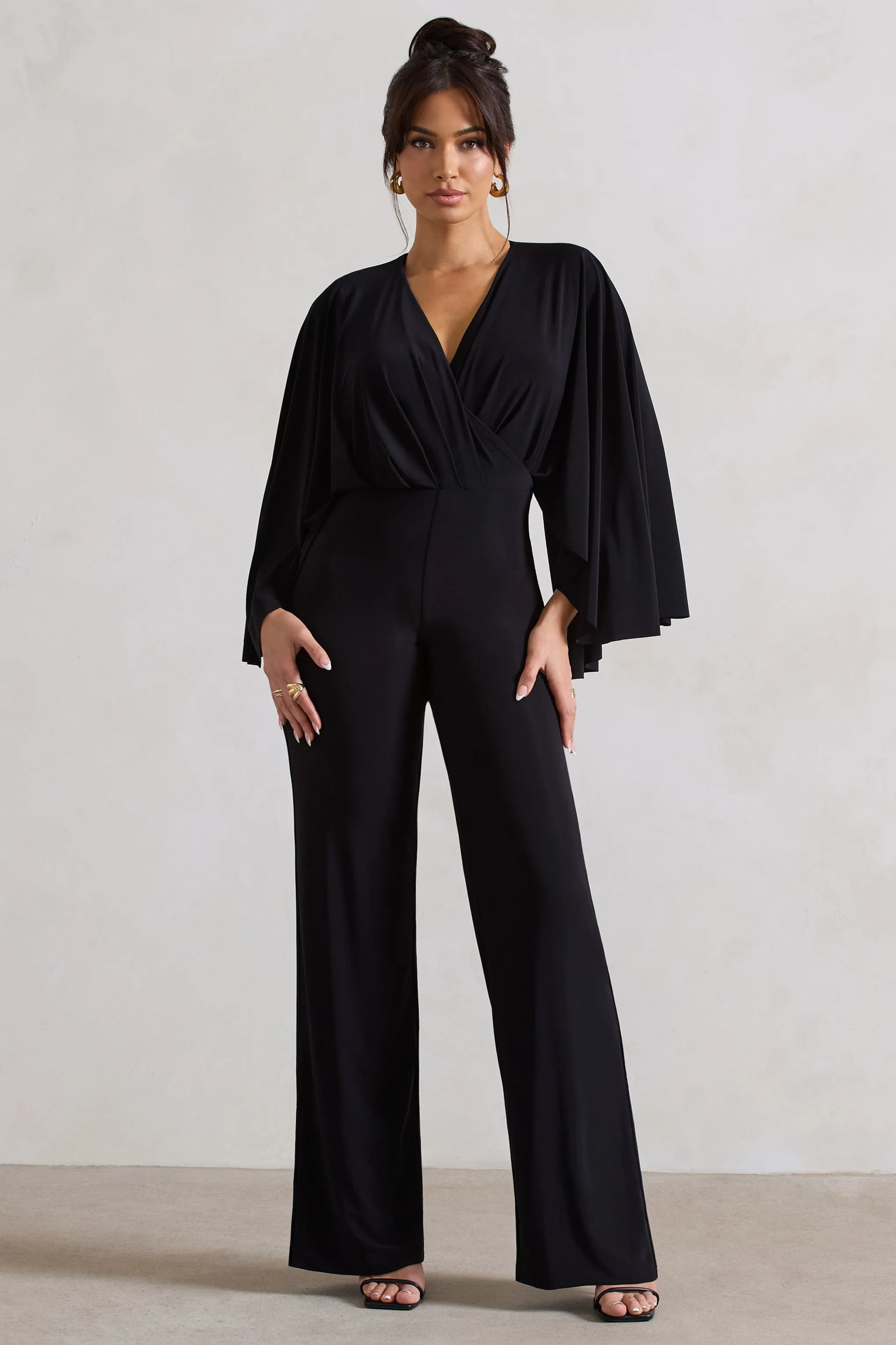 Nori | Black Plunge-Neck Straight-Leg Cape Jumpsuit sold by Club L London product image thumbnail 3