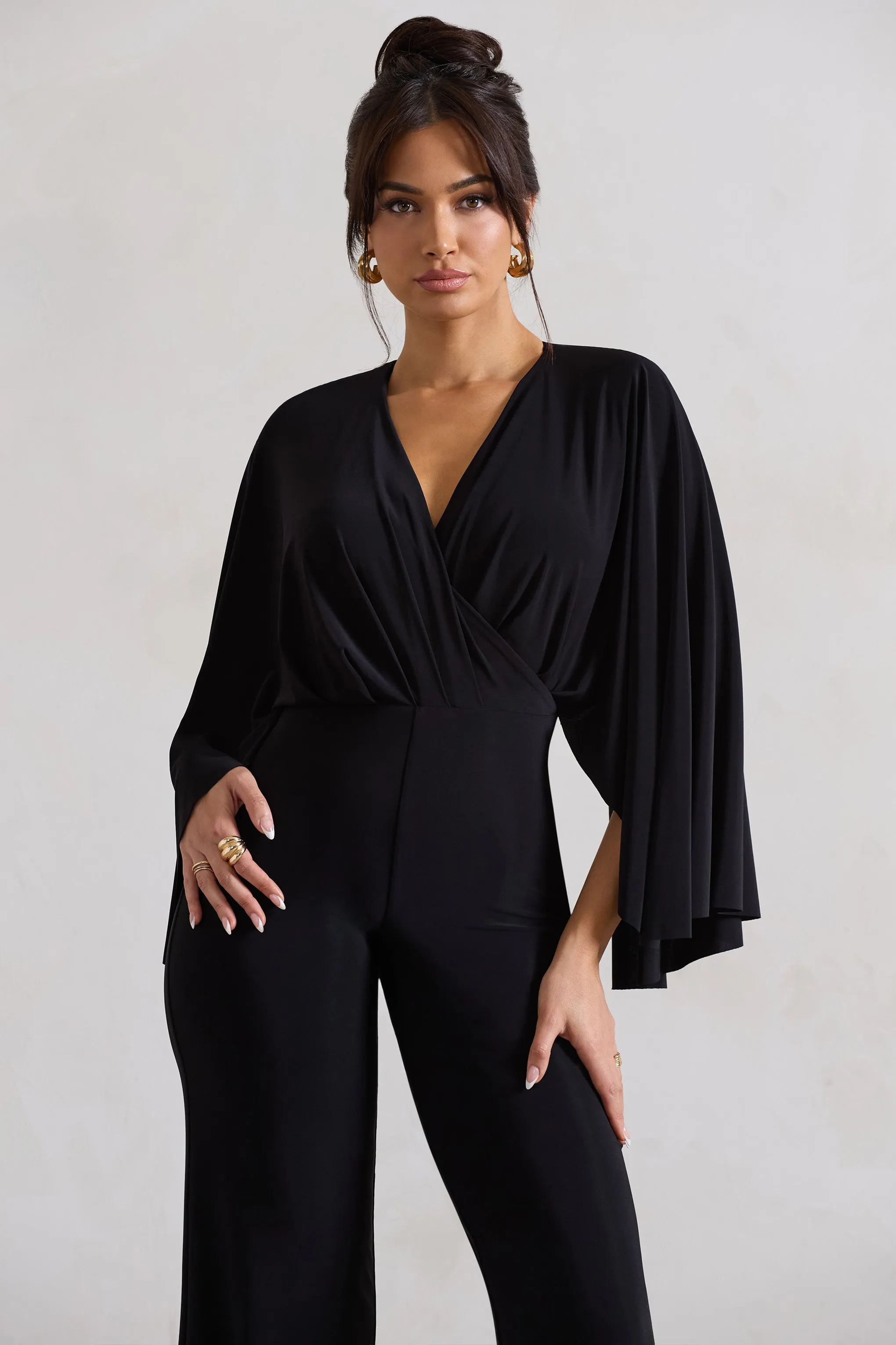 Nori | Black Plunge-Neck Straight-Leg Cape Jumpsuit sold by Club L London product image thumbnail 4
