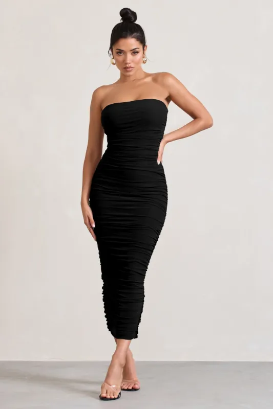 My Lady | Black Strapless Bodycon Ruched Mesh Maxi Dress sold by Club L London