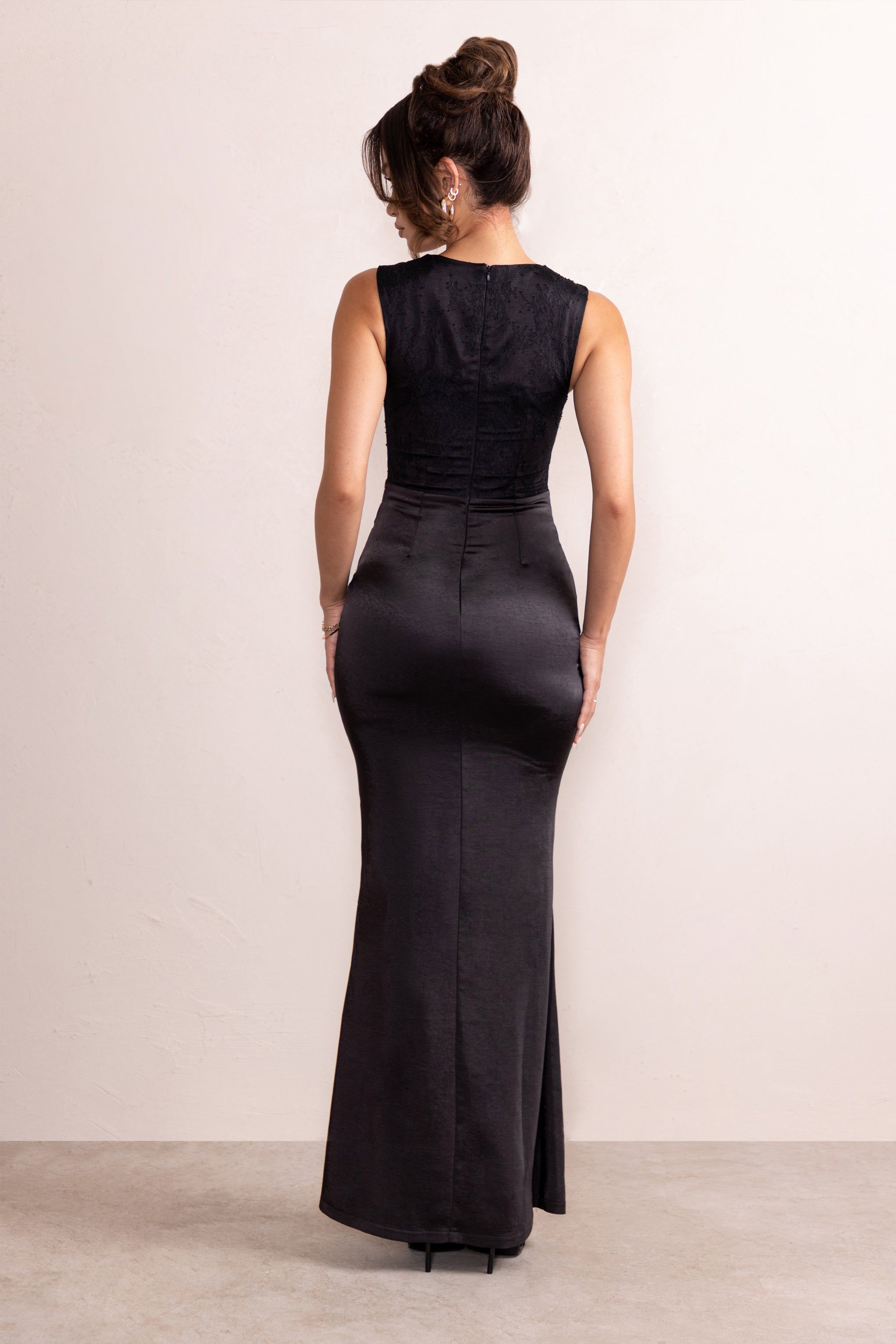 Lola | Black Satin Reverse Sweetheart Lace Overlay Maxi Dress With Diamante Trim sold by Club L London product image thumbnail 2