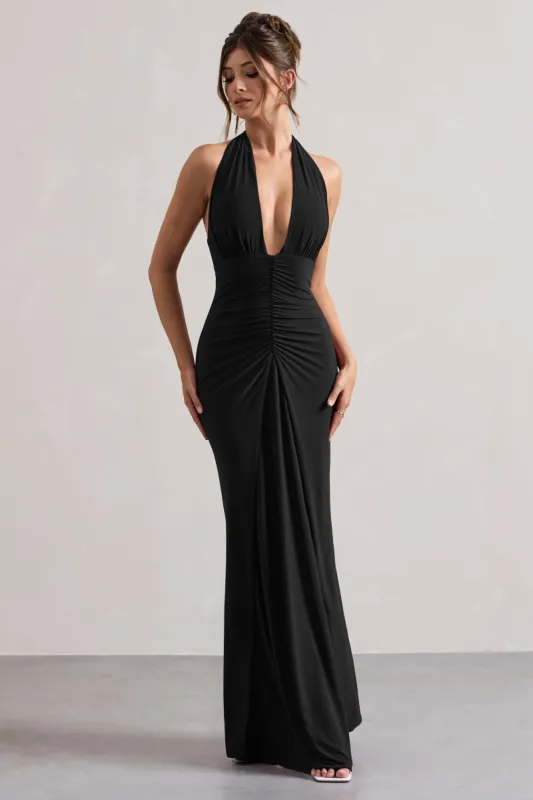 Payton | Black Ruched Halter-Neck Maxi Dress sold by Club L London