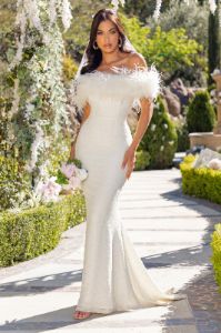 Idyll | White Lace Bardot Feather Fishtail Maxi Dress sold by Club L London