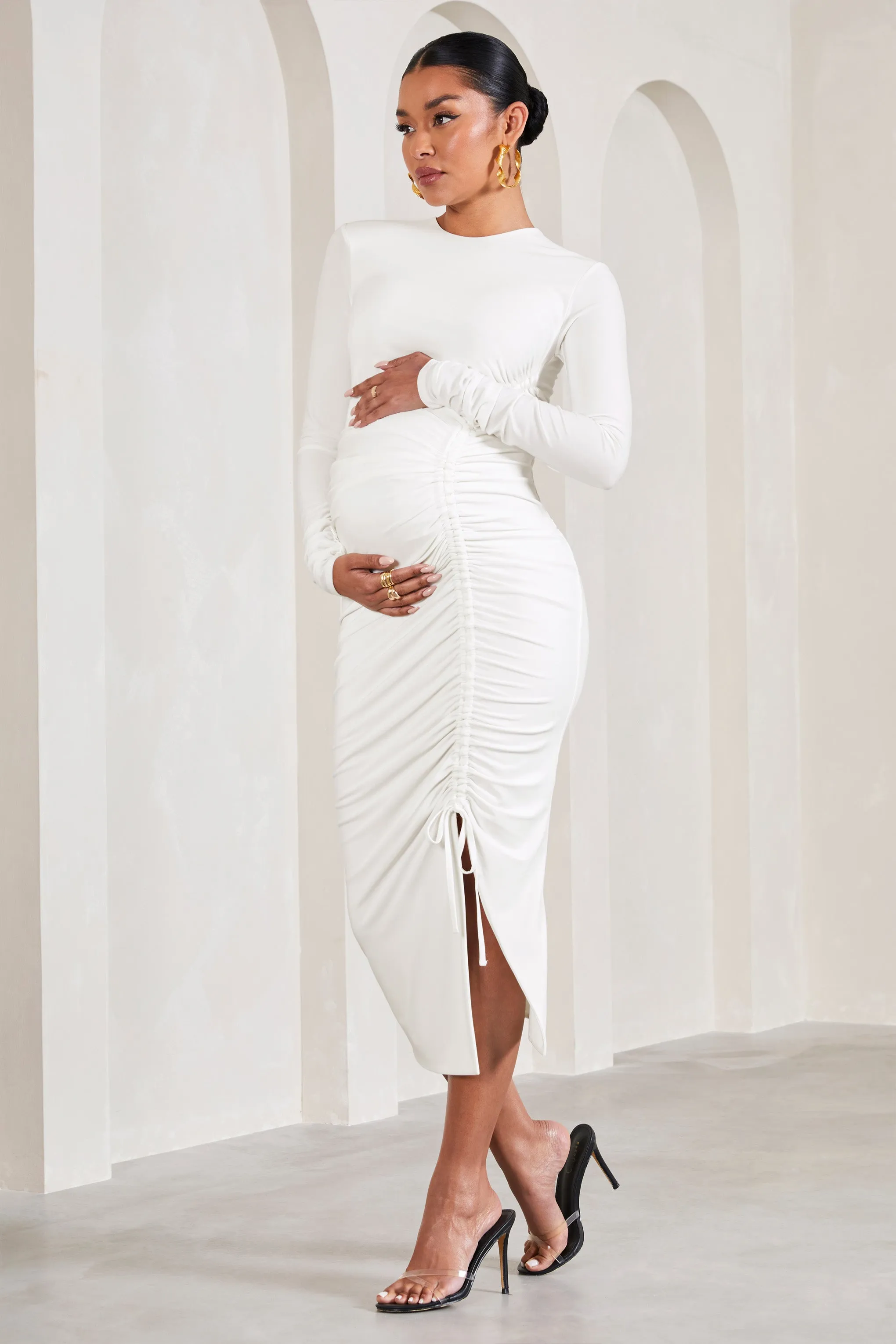 Eternal | White Ruched Long-Sleeved Split Maternity Midi Dress sold by Club L London product image thumbnail 5