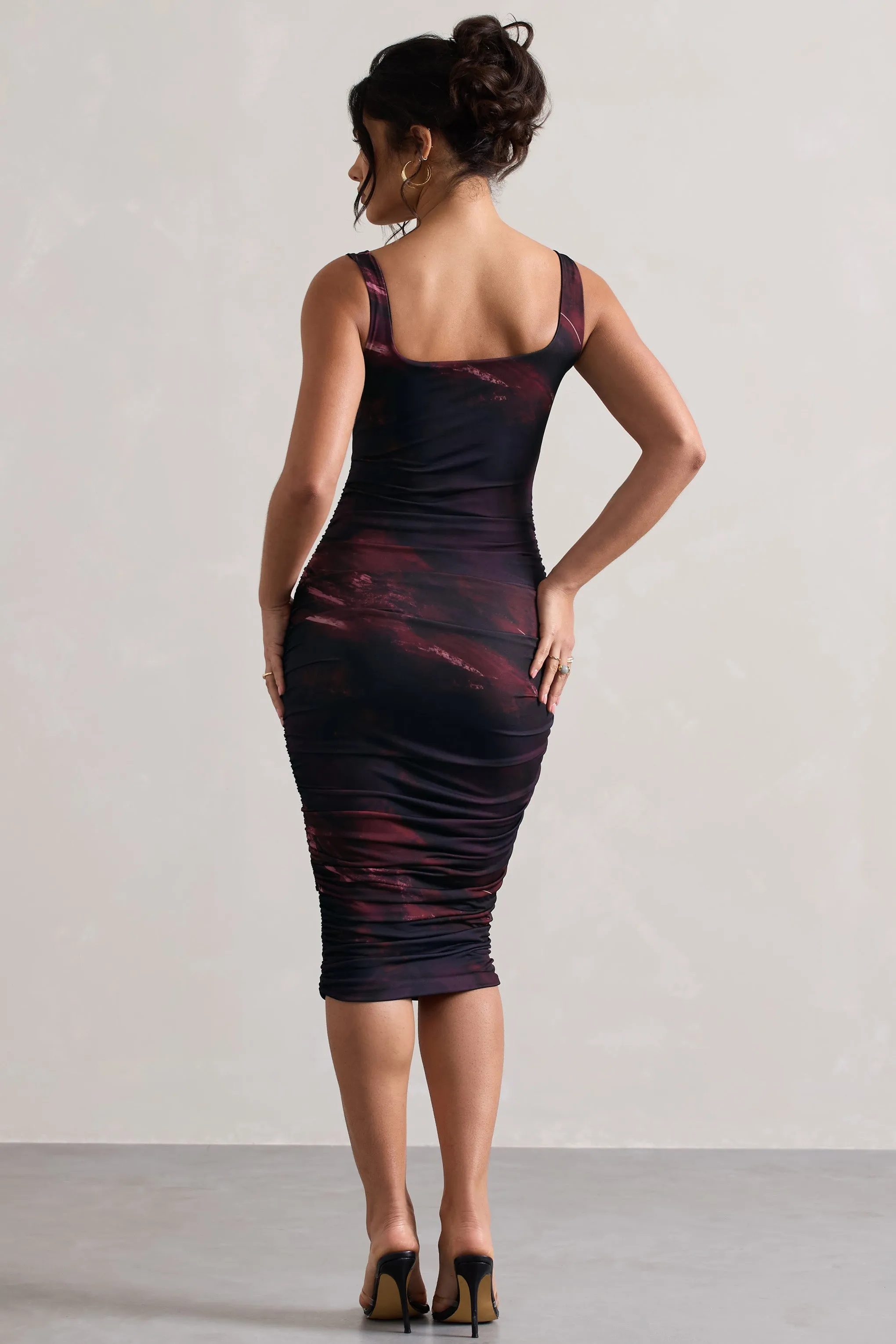 Lisbon | Plum Print Square Neck Ruched Midi Dress sold by Club L London product image thumbnail 2