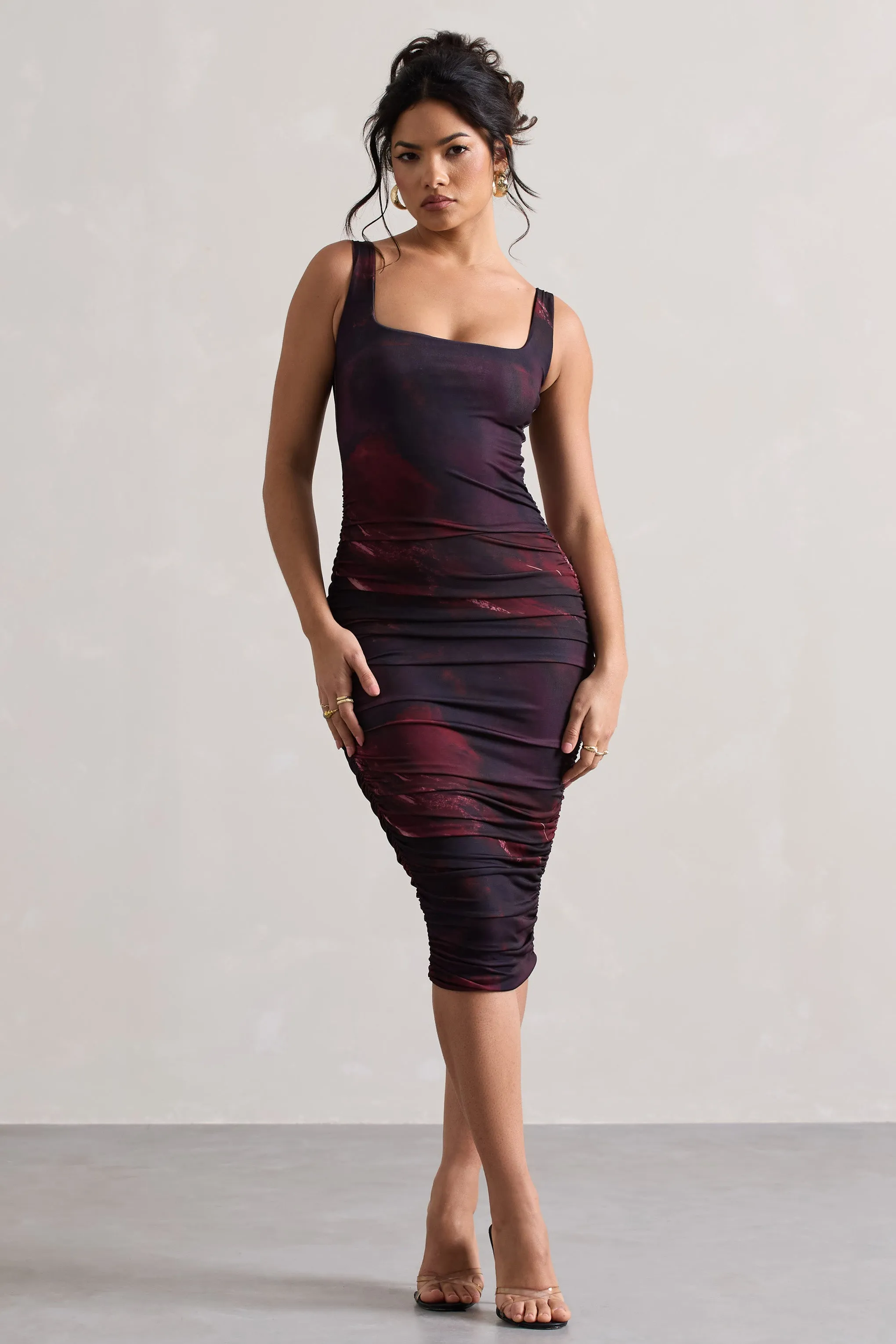 Lisbon | Plum Print Square Neck Ruched Midi Dress sold by Club L London product image thumbnail 4