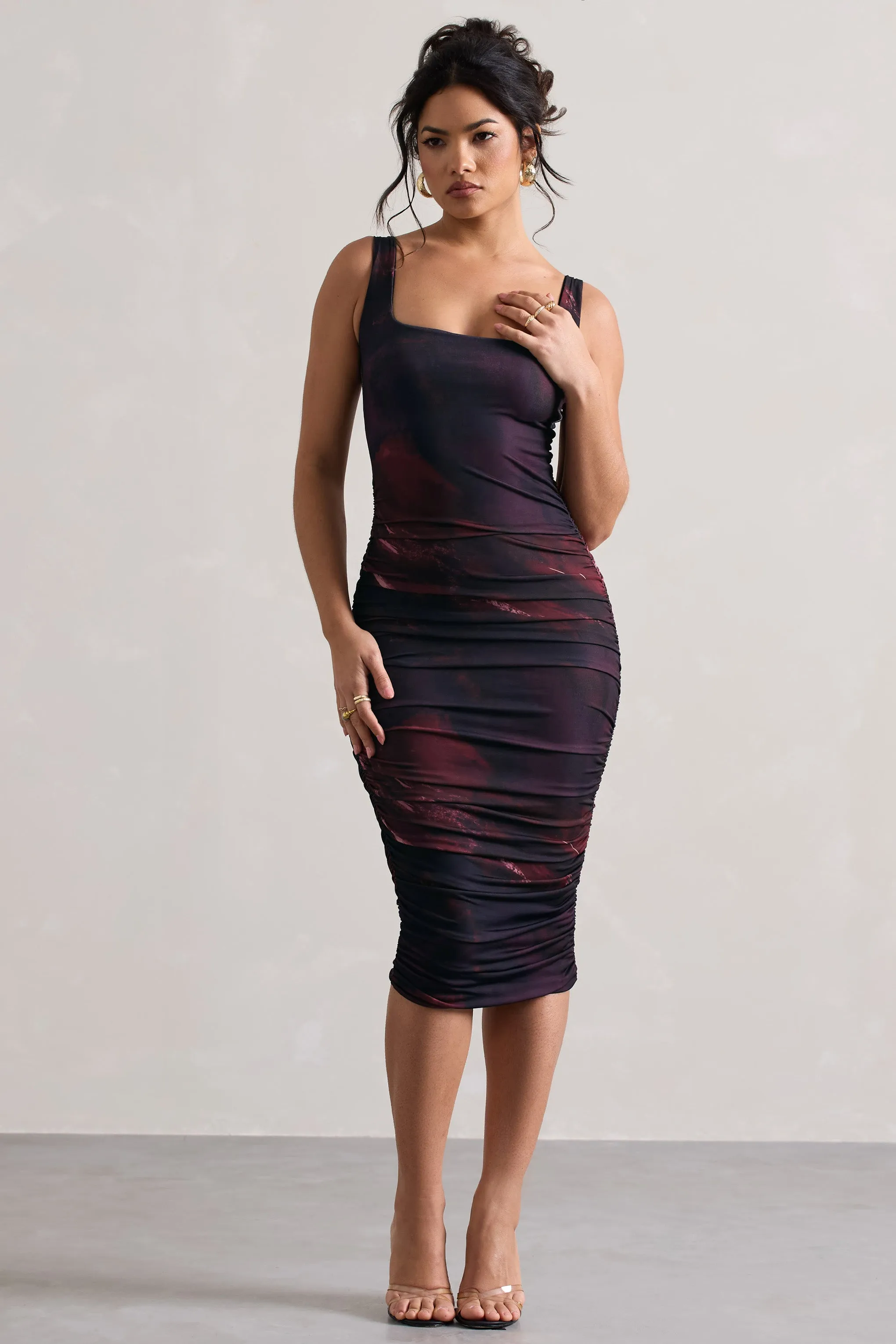 Lisbon | Plum Print Square Neck Ruched Midi Dress sold by Club L London product image thumbnail 3