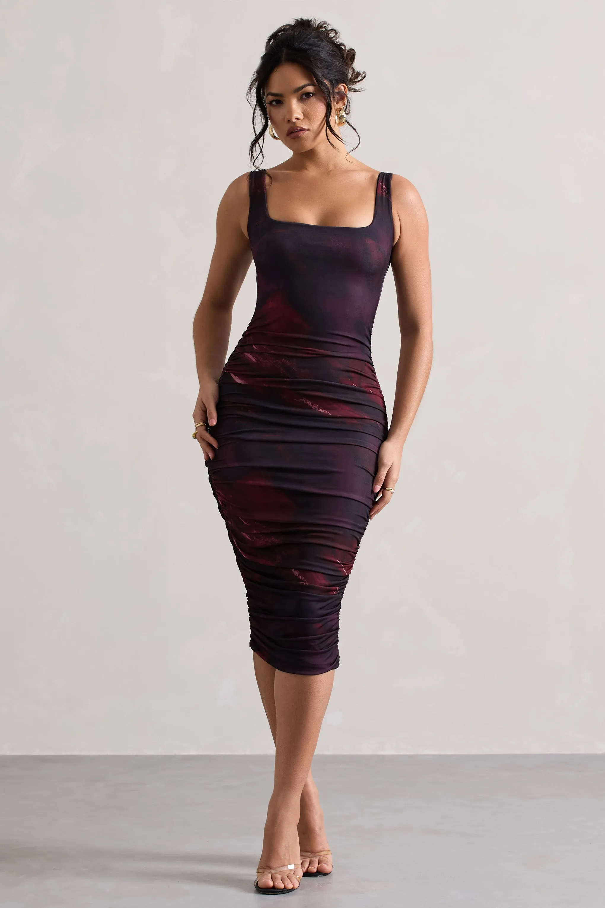 Lisbon | Plum Print Square Neck Ruched Midi Dress sold by Club L London