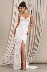 Grand Gift | Cream Satin Corset Draped Fishtail Maxi Dress sold by Club L London