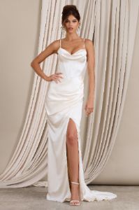 Grand Gift | Cream Satin Corset Draped Fishtail Maxi Dress sold by Club L London
