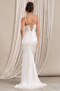 Grand Gift | Cream Satin Corset Draped Fishtail Maxi Dress sold by Club L London