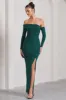 Stand Out | Bottle Green Bardot Long Sleeve Ruched Maxi With Side Split sold by Club L London