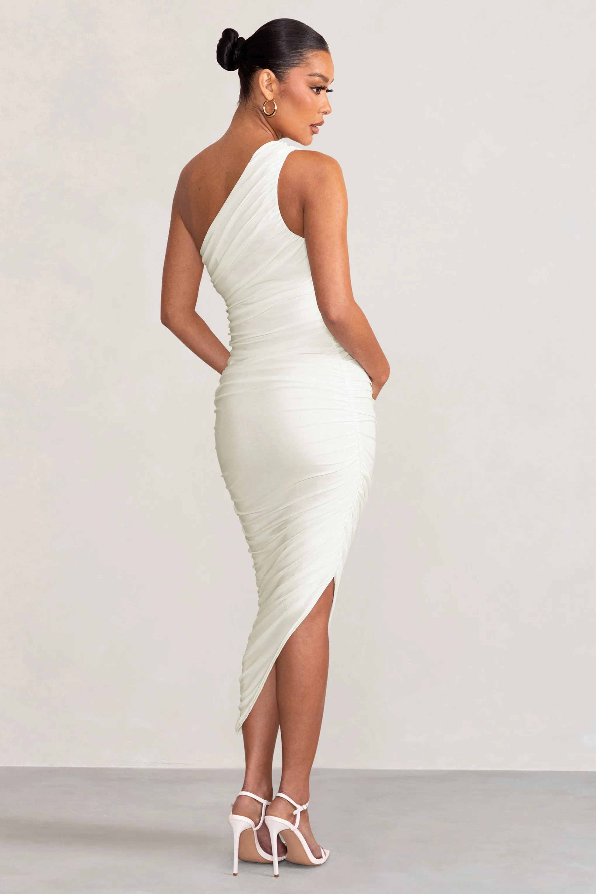 Late Night | White Maternity Ruched One Shoulder Midi Dress sold by Club L London product image thumbnail 2