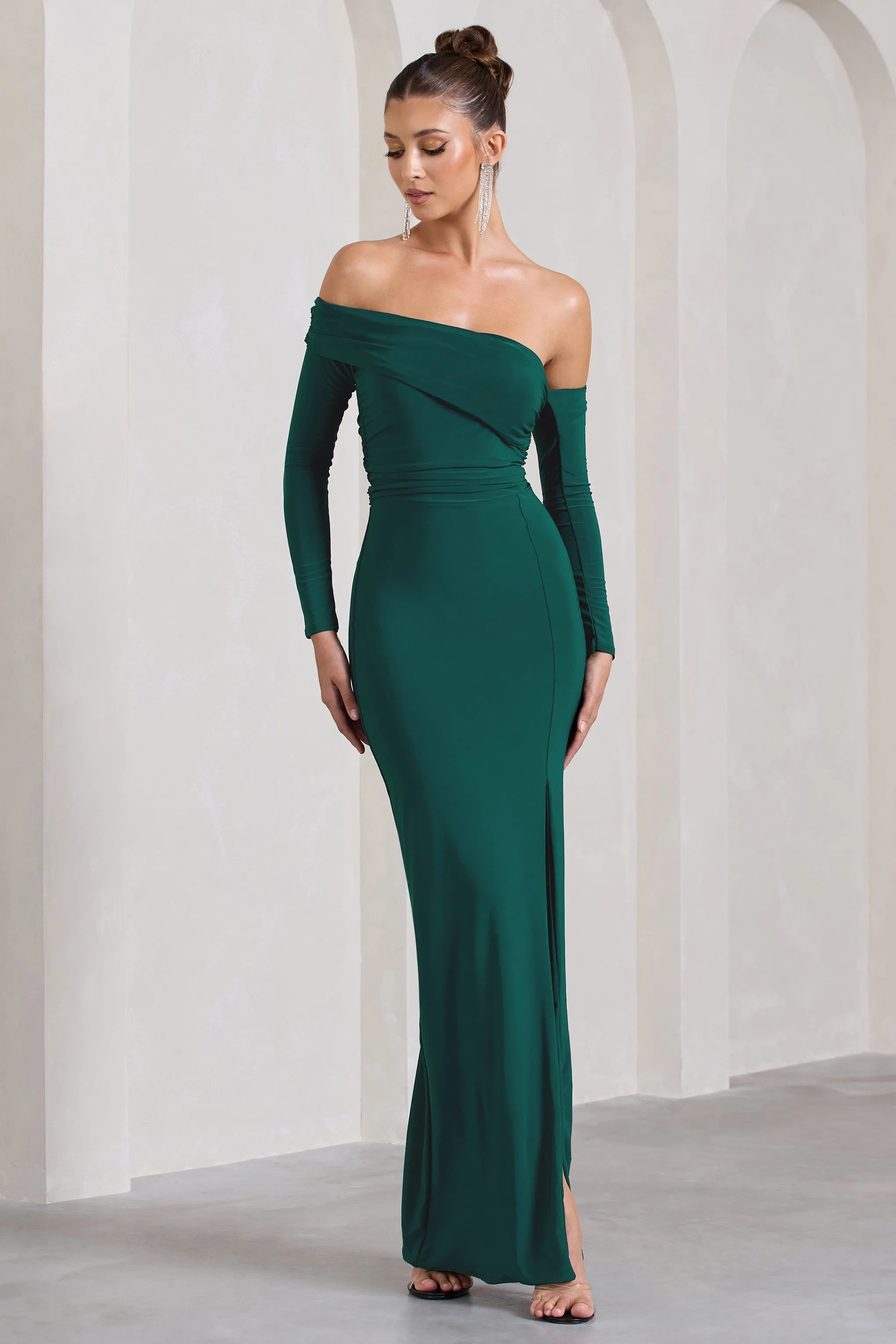 Stand Out | Bottle Green Bardot Long Sleeve Ruched Maxi With Side Split sold by Club L London