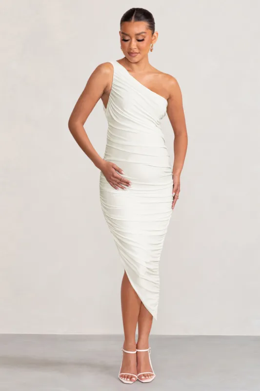 Late Night | White Maternity Ruched One Shoulder Midi Dress sold by Club L London