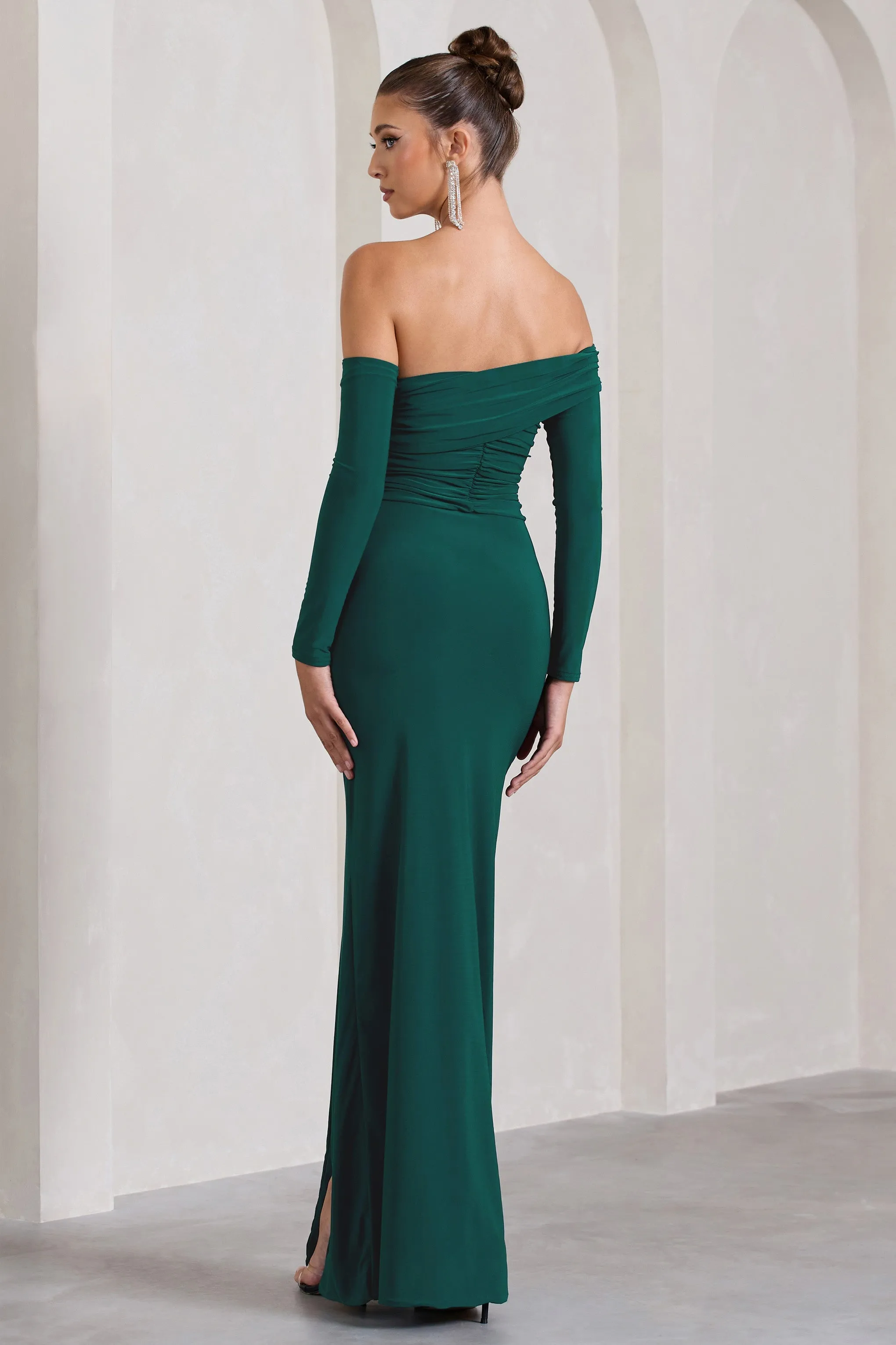 Stand Out | Bottle Green Bardot Long Sleeve Ruched Maxi With Side Split sold by Club L London product image thumbnail 2