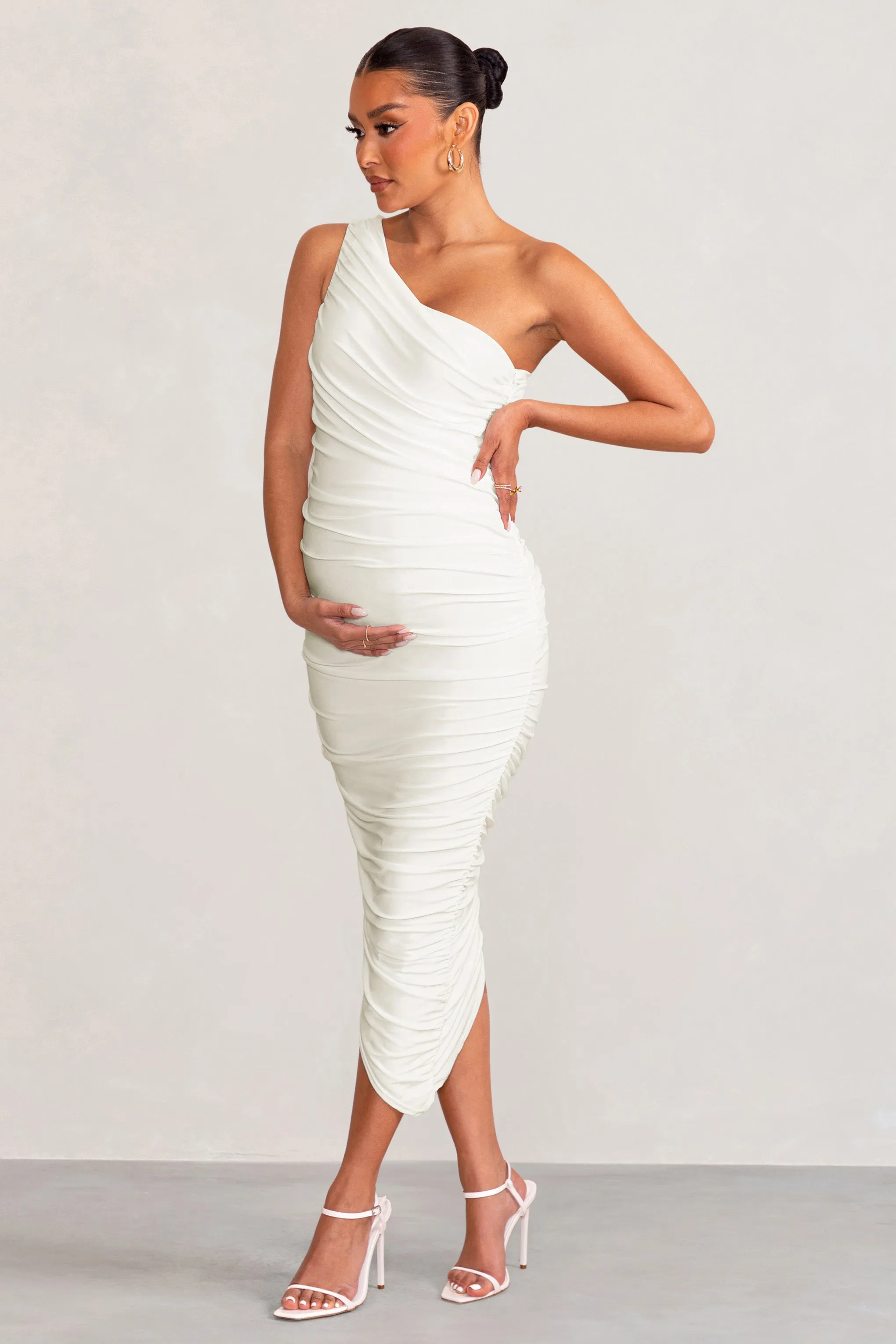 Late Night | White Maternity Ruched One Shoulder Midi Dress sold by Club L London product image thumbnail 5