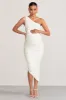 Late Night | White Maternity Ruched One Shoulder Midi Dress sold by Club L London