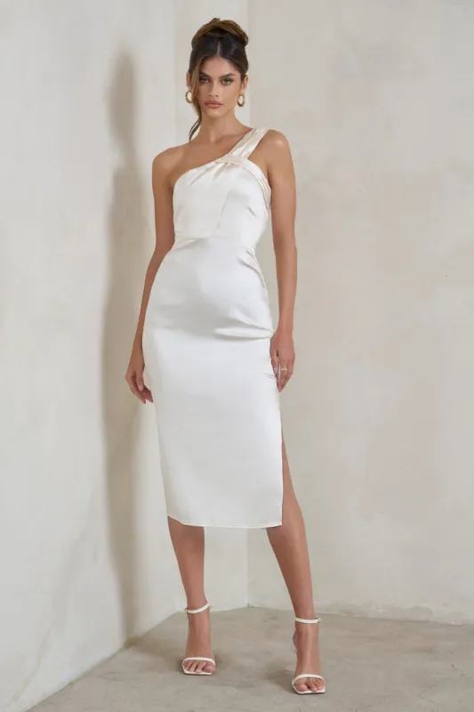 Steffie | Cream Asymmetric Satin Midi Dress sold by Club L London