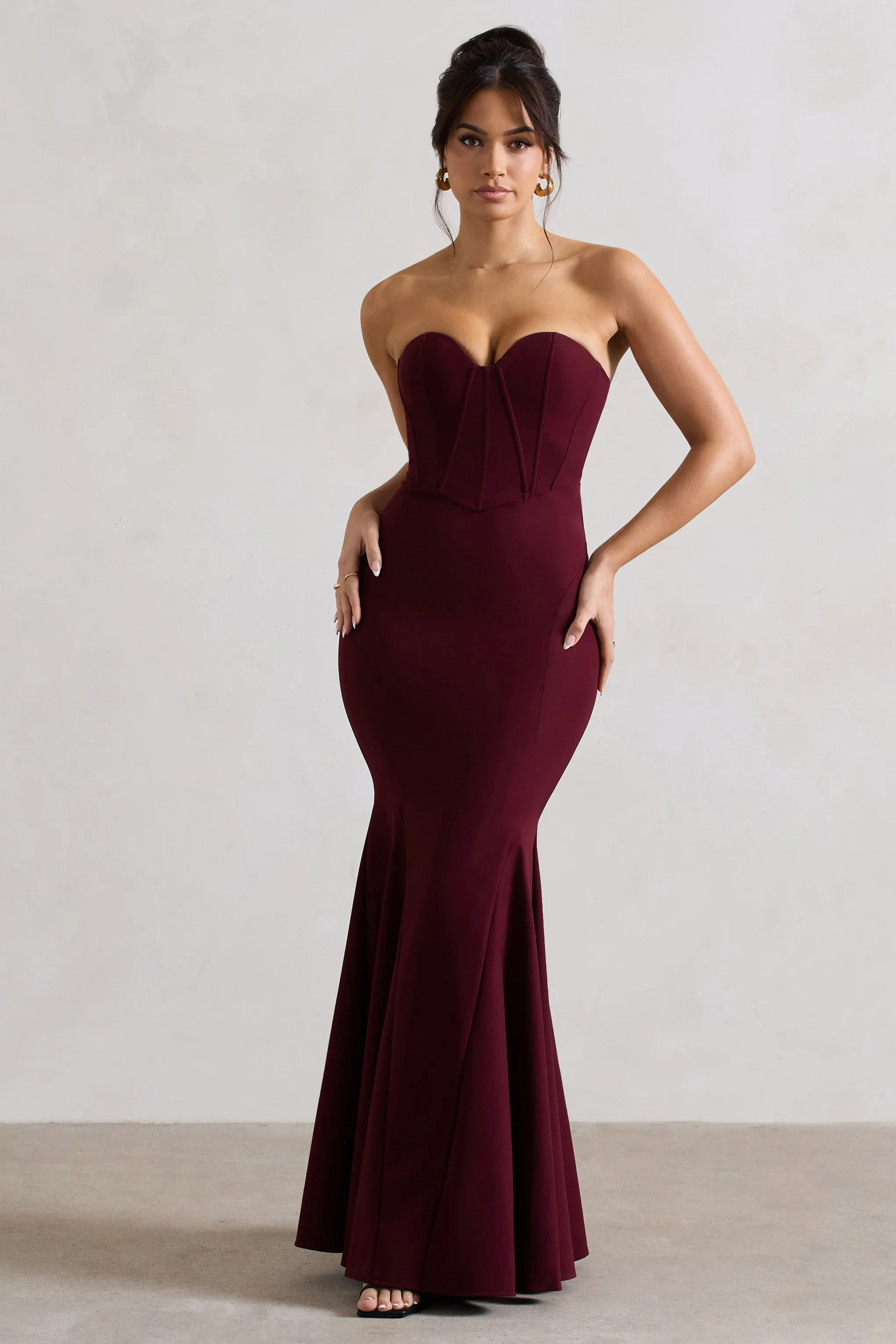 Idyllic | Burgundy Strapless Corset Style Fishtail Maxi Dress sold by Club L London product image thumbnail 4