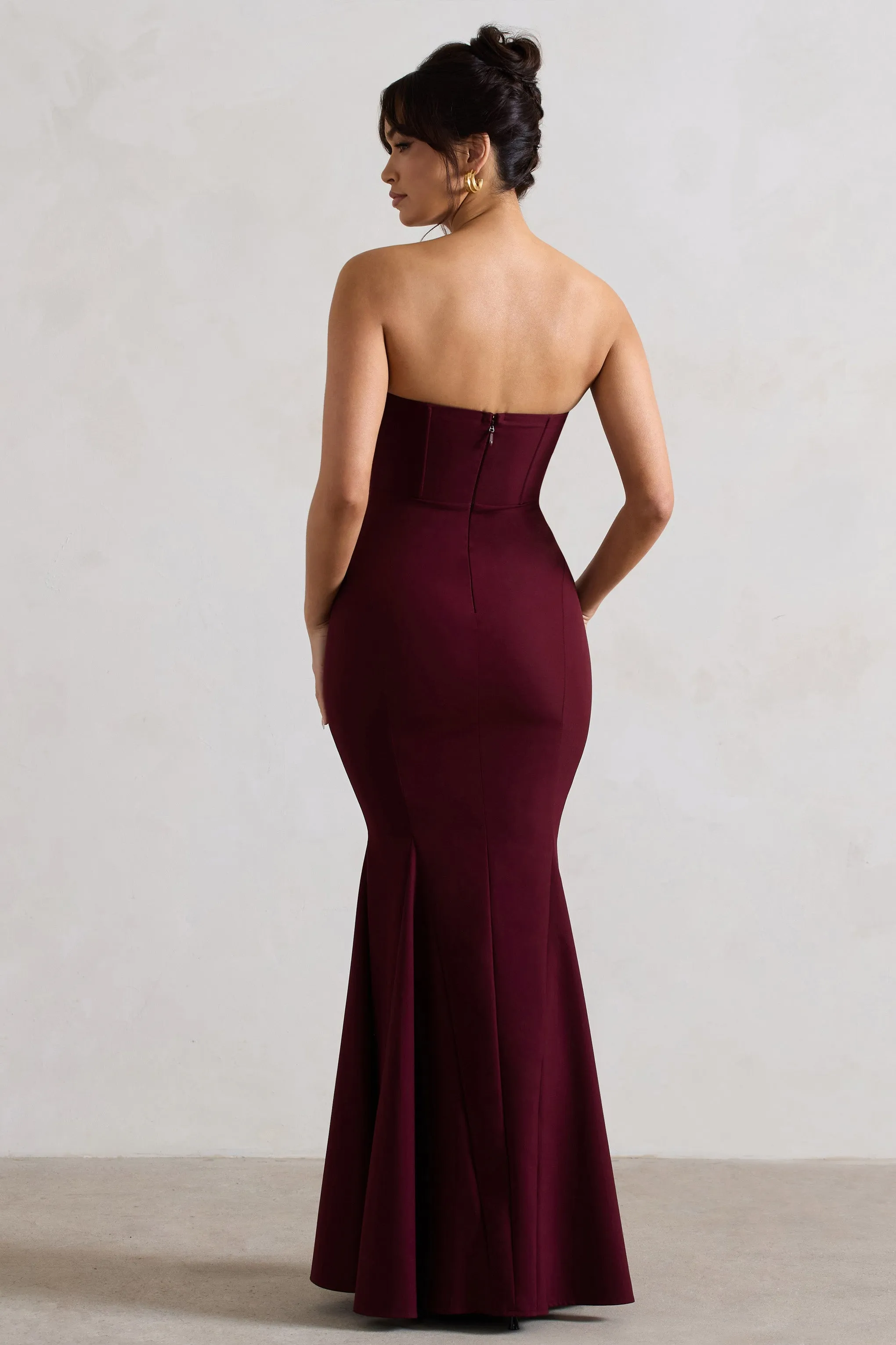 Idyllic | Burgundy Strapless Corset Style Fishtail Maxi Dress sold by Club L London product image thumbnail 2