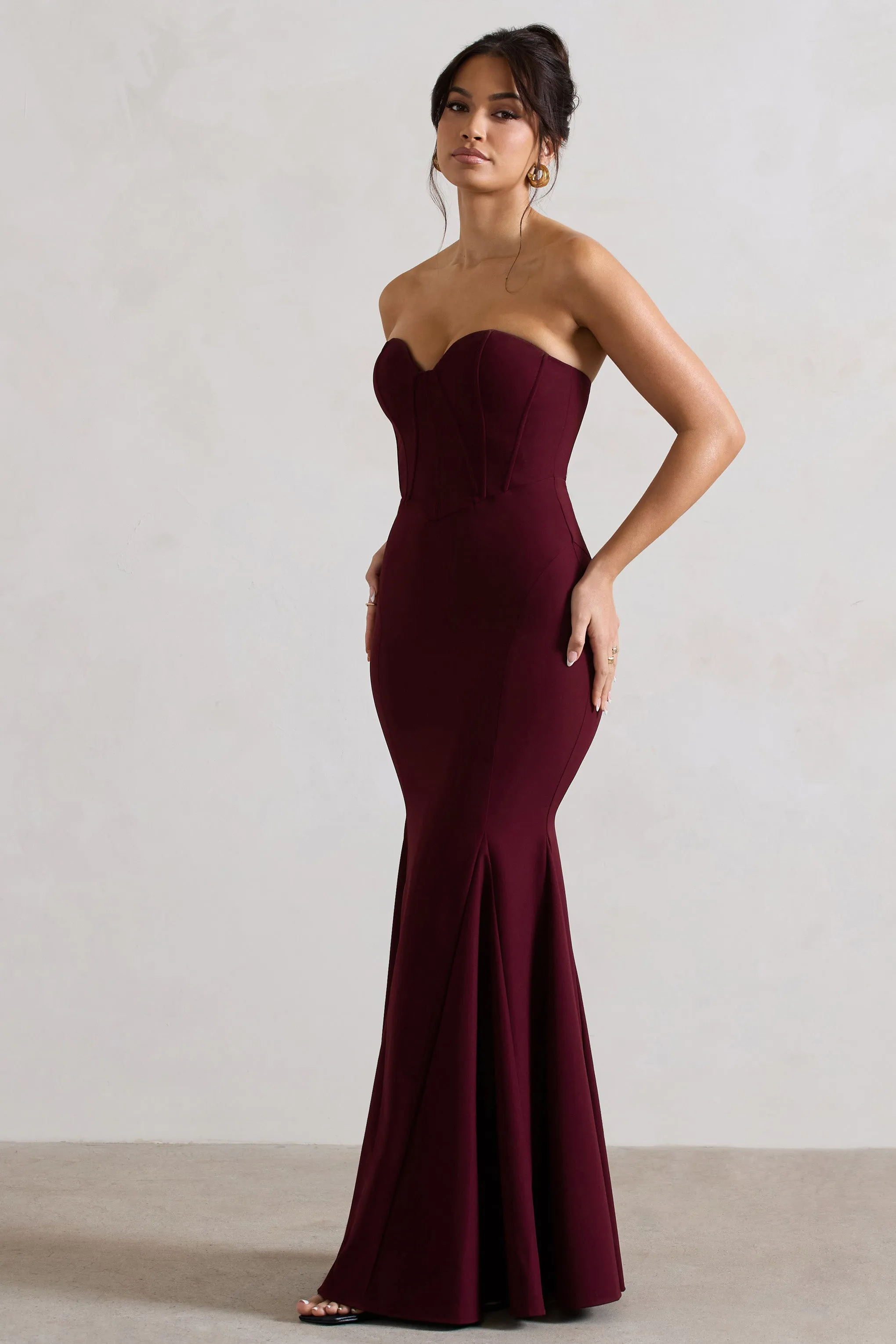Idyllic | Burgundy Strapless Corset Style Fishtail Maxi Dress sold by Club L London product image thumbnail 5