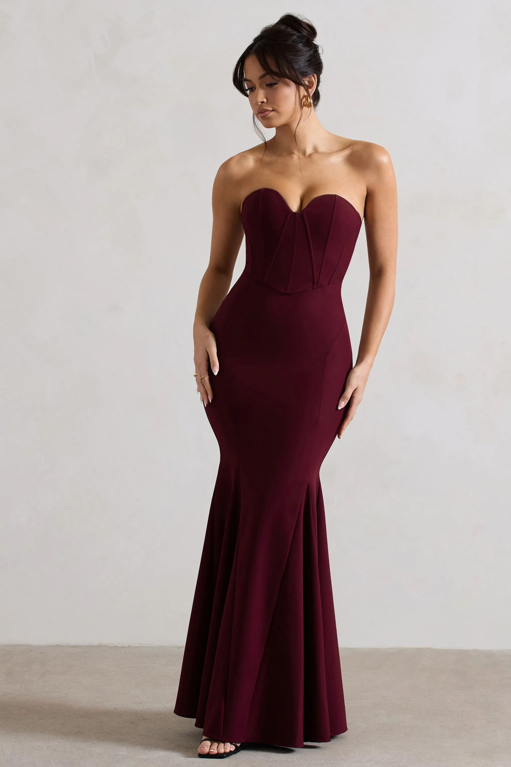Idyllic | Burgundy Strapless Corset Style Fishtail Maxi Dress sold by Club L London