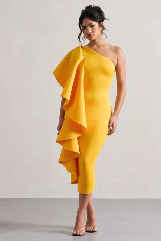 Polo | Mango One Shoulder Bodycon Midi Dress With Ruffle sold by Club L London