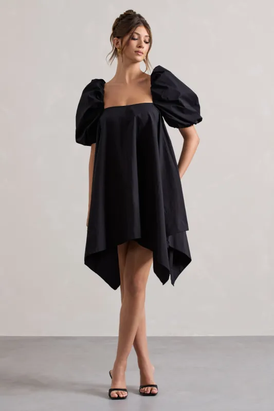Raindrop | Black Poplin Puff-Sleeve Draped Mini Dress made by Club L London