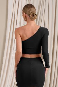 Step Up | Black Long Sleeve One Shoulder Crop Top sold by Club L London