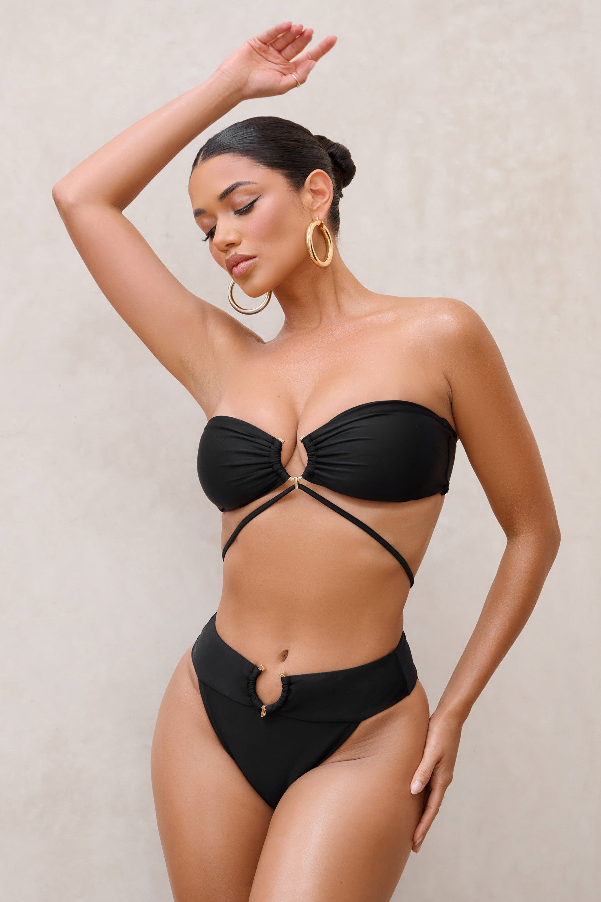 Rises | Black High Waisted Bikini Bottoms sold by Club L London