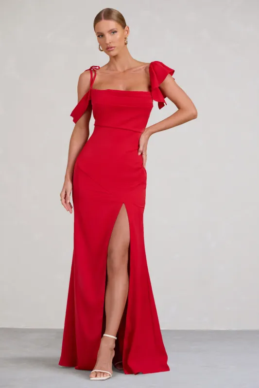 Merlot | Red Asymmetric Draped Split Maxi Dress sold by Club L London