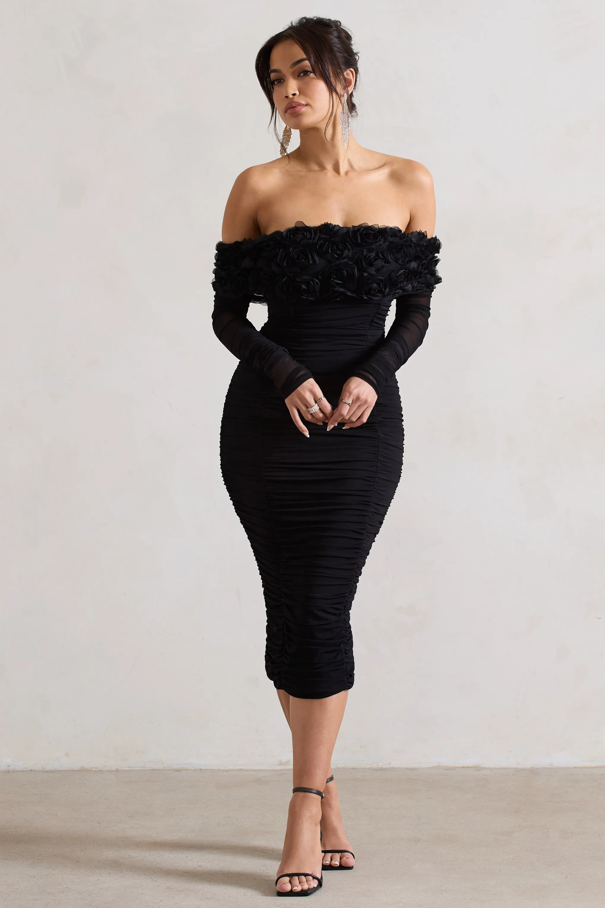 Sierra | Black Mesh Ruched Floral Bardot Lace-Up Midi Dress sold by Club L London product image thumbnail 4
