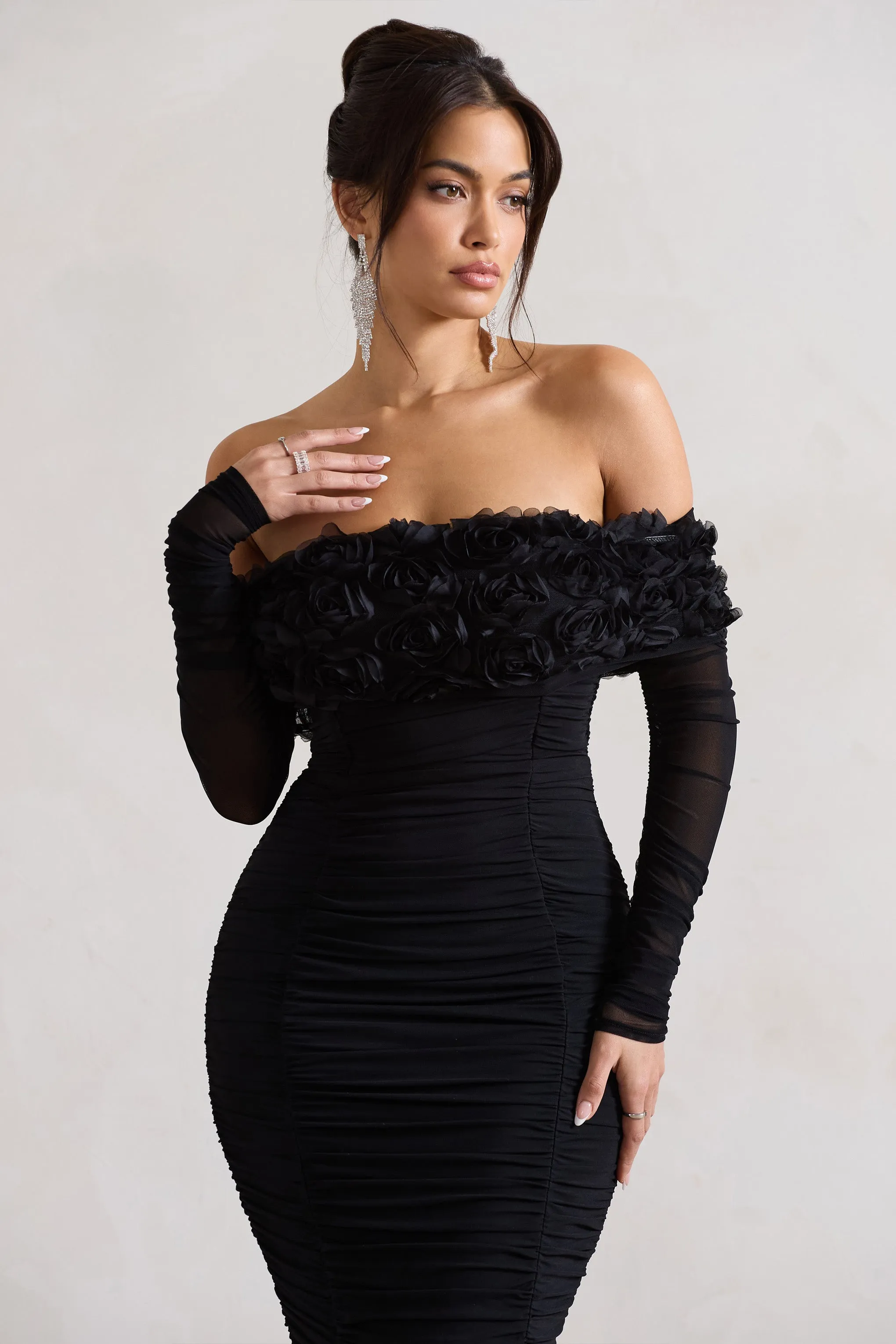 Sierra | Black Mesh Ruched Floral Bardot Lace-Up Midi Dress sold by Club L London product image thumbnail 3