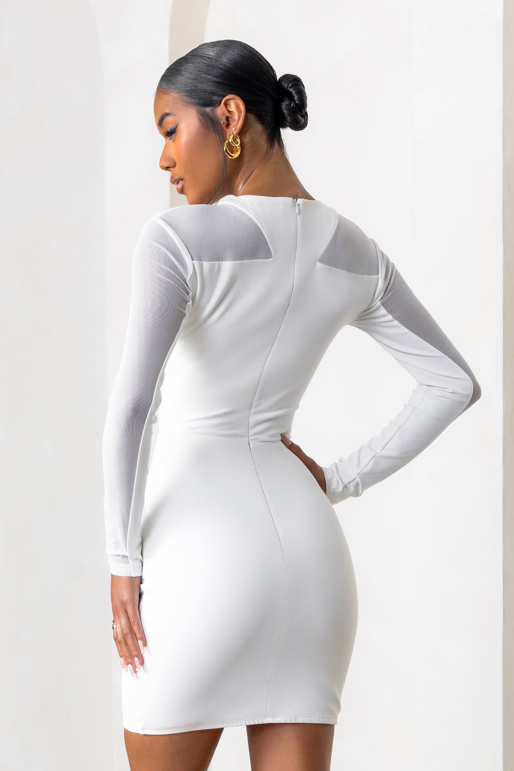 Grand Style | White Mesh High Neck Cut Out Long Sleeves Mini Dress sold by Club L London product image thumbnail 2