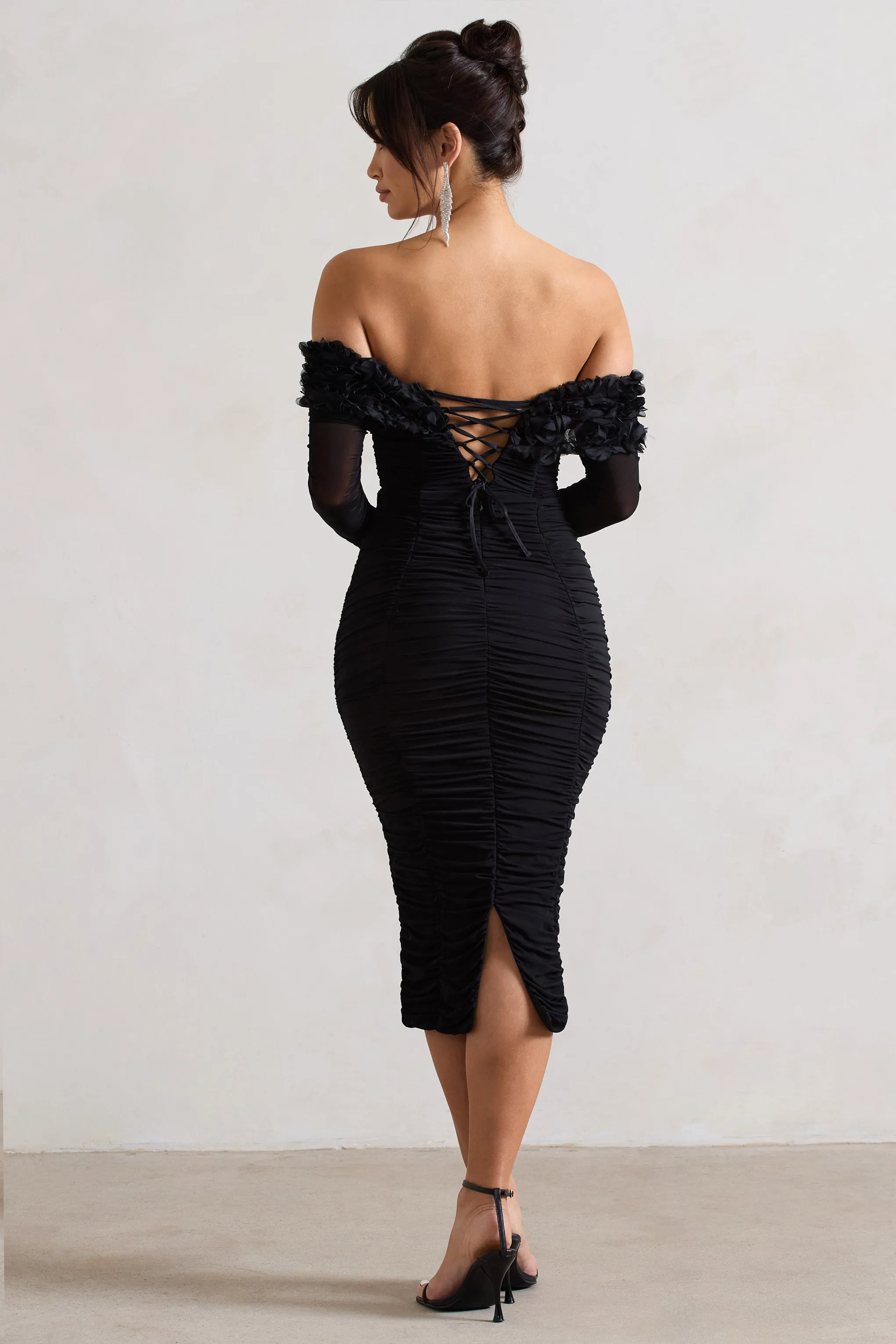 Sierra | Black Mesh Ruched Floral Bardot Lace-Up Midi Dress sold by Club L London product image thumbnail 2