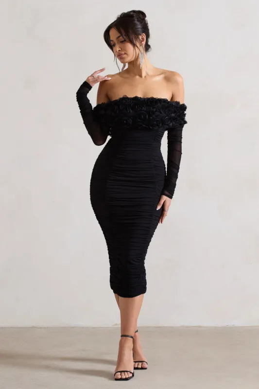 Sierra | Black Mesh Ruched Floral Bardot Lace-Up Midi Dress sold by Club L London