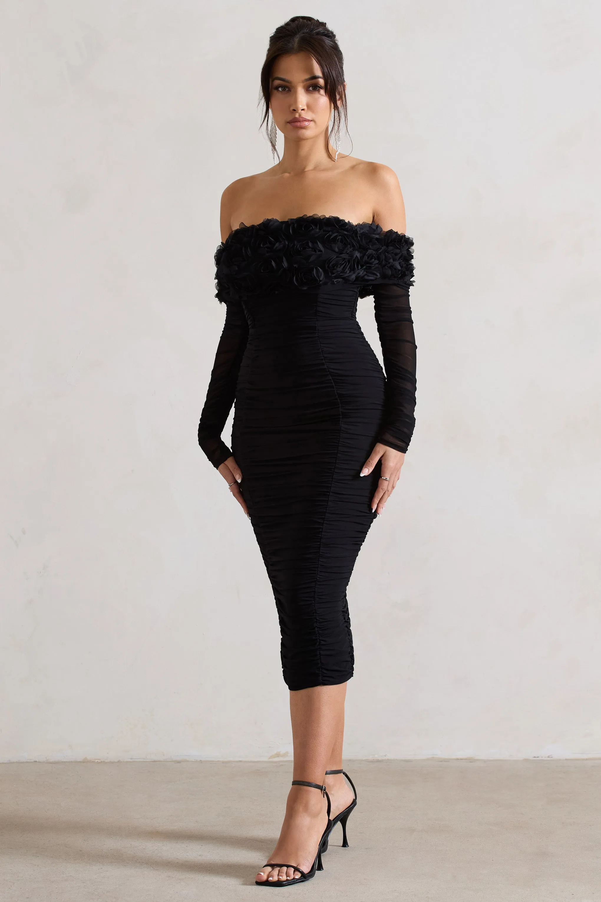 Sierra | Black Mesh Ruched Floral Bardot Lace-Up Midi Dress sold by Club L London product image thumbnail 5