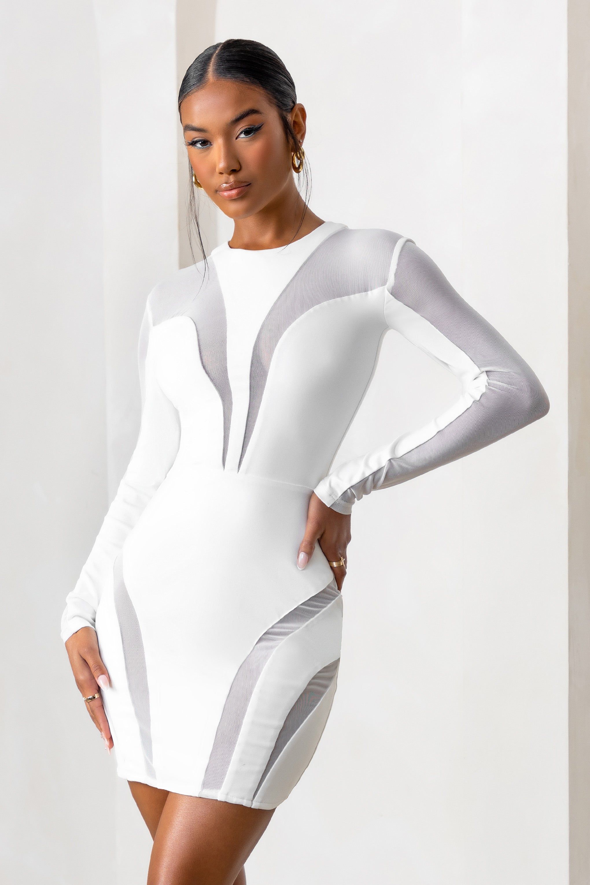 Grand Style | White Mesh High Neck Cut Out Long Sleeves Mini Dress sold by Club L London product image thumbnail 4