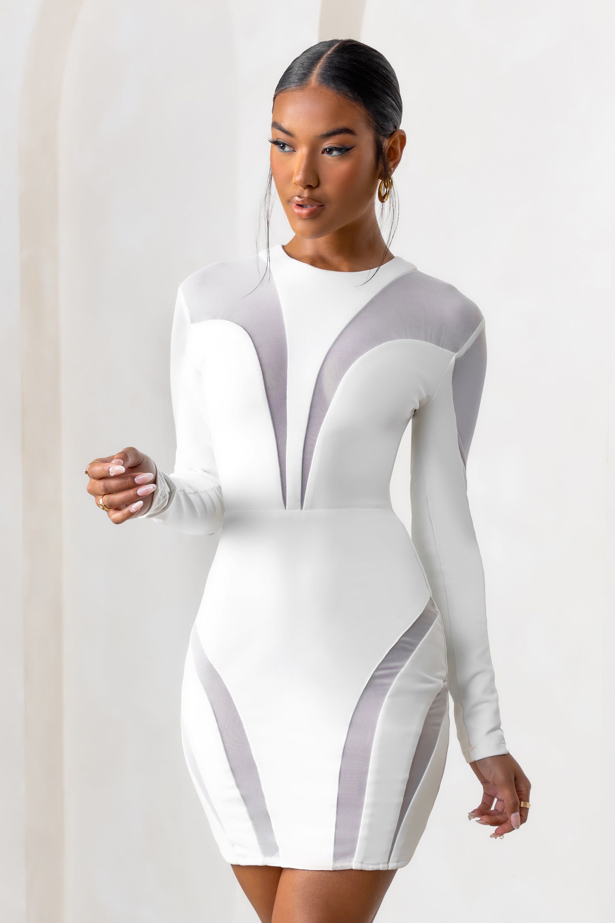 Grand Style | White Mesh High Neck Cut Out Long Sleeves Mini Dress sold by Club L London