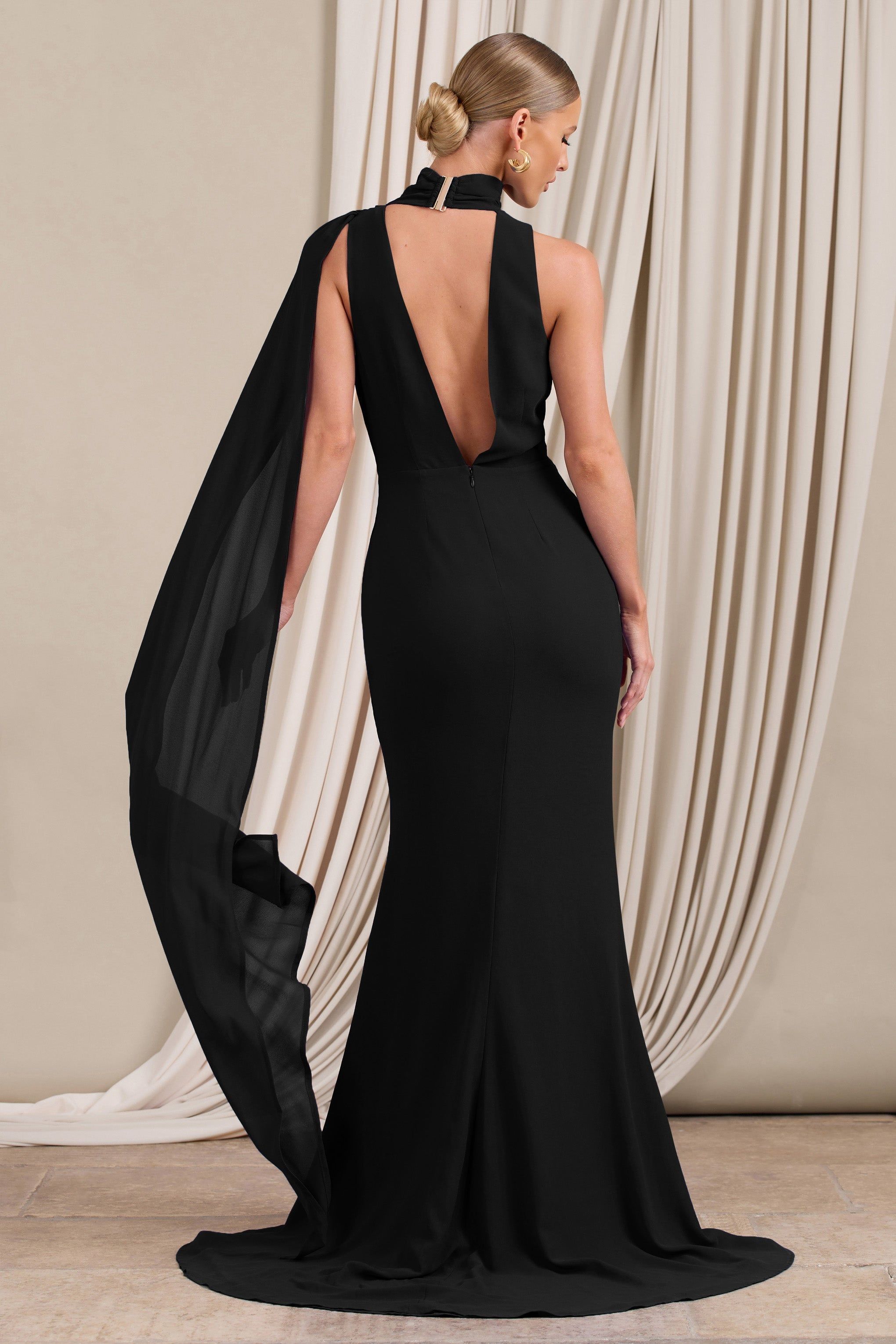 Whimsical | Black Chiffon Plunge Fishtail Maxi Dress With Scarf Design sold by Club L London product image thumbnail 3