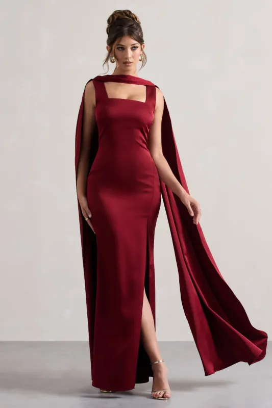 Intuition | Burgundy Satin Square-Neck Split Maxi Dress With Scarf sold by Club L London
