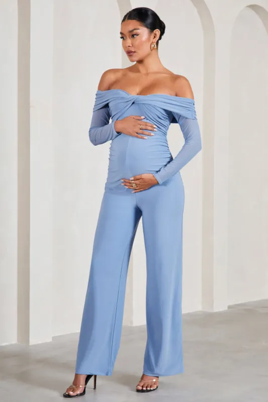 Kyla | Cornflower Blue Ruched Bardot Long-Sleeved Wide-Leg Maternity Jumpsuit sold by Club L London