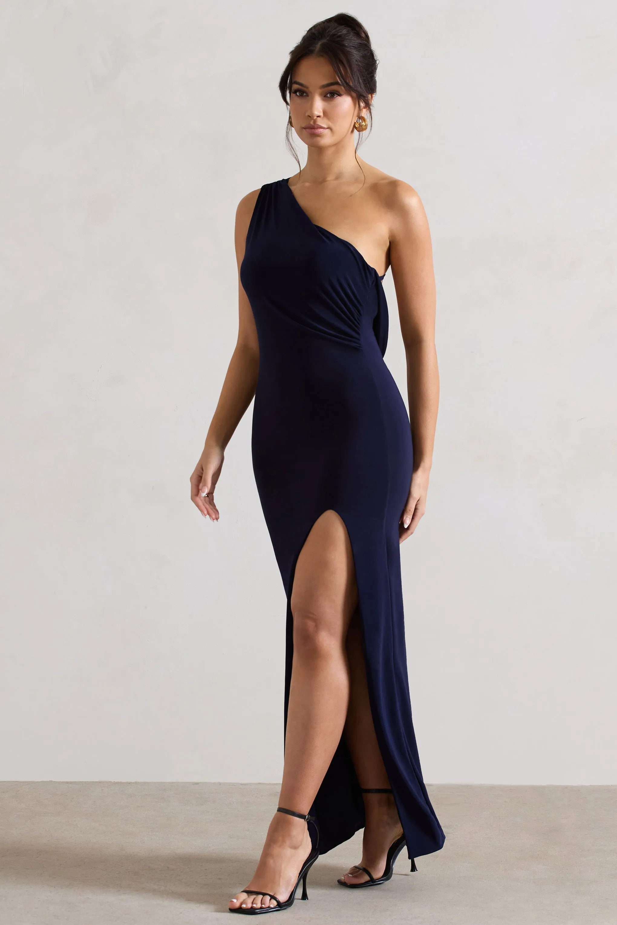 Melody | Navy One Shoulder Cowl-Back Split Maxi Dress sold by Club L London product image thumbnail 4