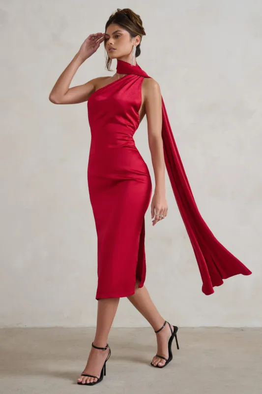 Madame | Berry Red Satin Asymmetric Scarf Neck Backless Midi Dress sold by Club L London